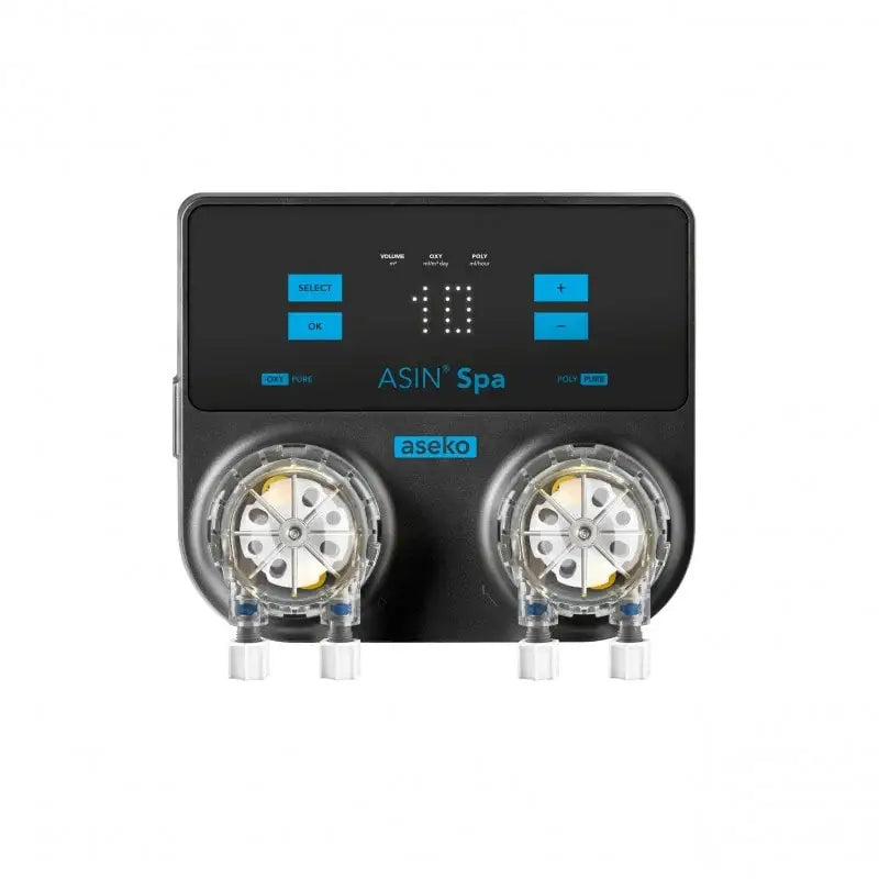 ASEKO SPA Autodosering med svarta dual-pump system, transparenta pumpar och blå display